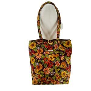 Longaberger Homestead Brown Gold Floral Fabric Shopping Quilted Tote Bag